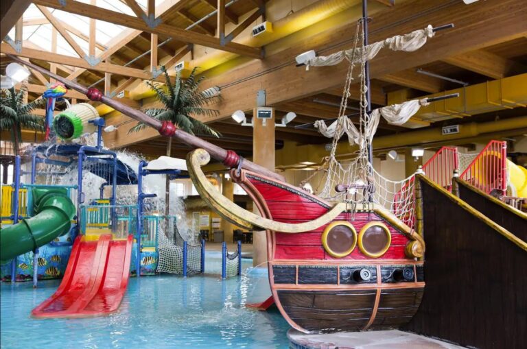 The indoor waterpark with hot tub and lazy river is a great option for rainy days and cooler temperatures.